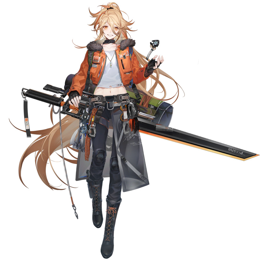 1girl belt black_gloves black_pants blonde_hair boots carabiner choker collarbone compass cropped_jacket fingerless_gloves full_body fur-trimmed_jacket fur_trim girls'_frontline girls'_frontline_neural_cloud gloves grin highres huge_weapon jacket jewelry knee_pads long_hair looking_at_viewer messy_hair midriff navel necklace official_art open_clothes open_jacket orange_jacket pants ponytail rope scar_on_stomach shirt smile sol_(girls'_frontline_nc) solo sword t-shirt transparent_background very_long_hair weapon white_shirt yellow_eyes
