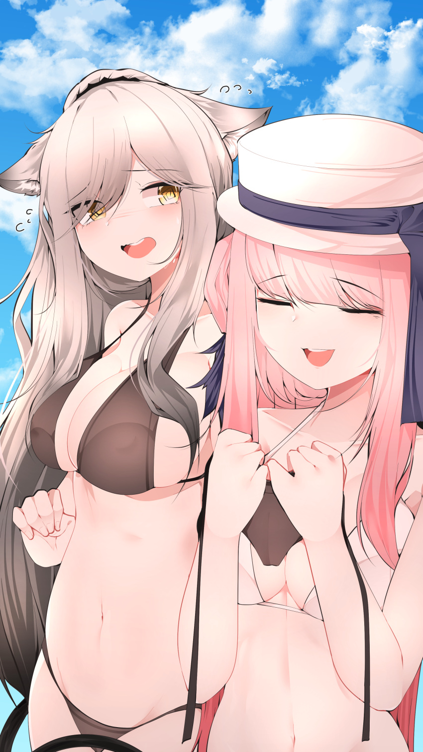 2girls absurdres animal_ears arknights bikini bikini_bottom bikini_bottom_removed black_bikini blue_hair blush breasts cat_ears cat_girl cat_tail ceylon_(arknights) cleavage closed_eyes cloud cloudy_sky collarbone commentary cowboy_shot dated_commentary eyebrows_visible_through_hair feather_hair flying_sweatdrops grey_hair hair_bun hat highres holding holding_bikini_bottom large_breasts long_hair multiple_girls navel open_mouth pink_hair ponytail samip schwarz_(arknights) sky stomach swimsuit tail teeth very_long_hair white_bikini white_headwear