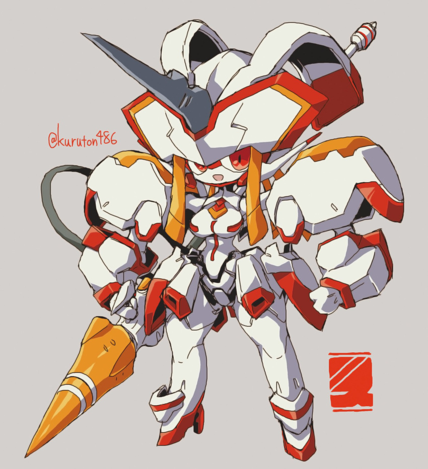 chibi clenched_hand darling_in_the_franxx highres holding holding_lance holding_polearm holding_weapon horns kuruton486 lance mecha no_humans open_mouth orange_eyes polearm science_fiction single_horn smile solo strelizia twitter_username weapon