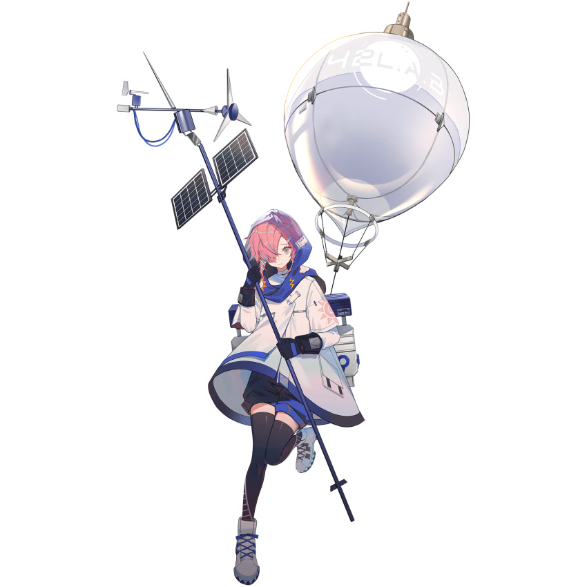 1girl balloon black_legwear blue_scarf blue_shorts cloud_print coat full_body girls'_frontline girls'_frontline_neural_cloud gloves hair_over_one_eye highres hood hood_up lightning_bolt_print long_sleeves looking_at_viewer mai_(girls'_frontline_nc) official_art pink_eyes pink_hair scarf see-through shoes short_hair shorts sneakers solar_panel solo sun_print symbol-shaped_pupils thighhighs transparent_background weather_balloon weather_vane white_coat white_footwear