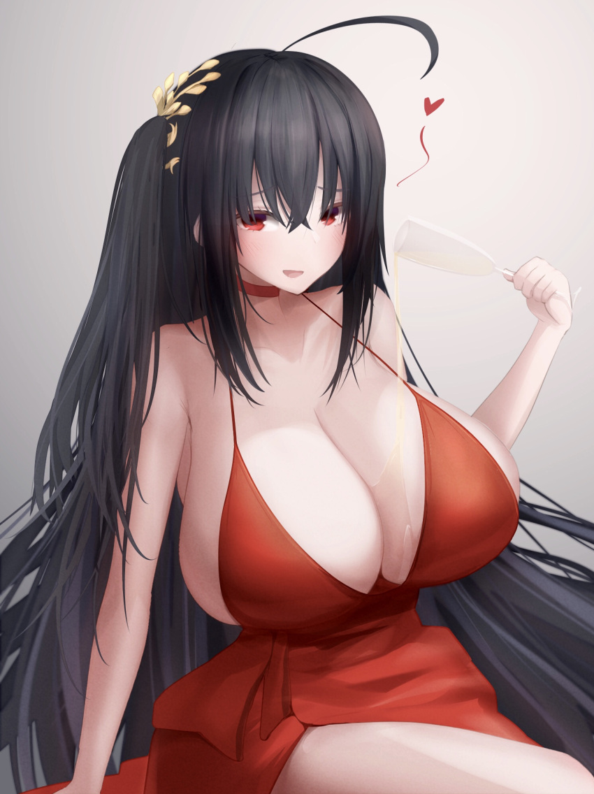 1girl alcohol azur_lane bangs bare_shoulders black_hair breasts center_opening champagne champagne_flute choker cocktail_dress crossed_bangs cup dress drinking_glass evening_gown gigantic_breasts hair_between_eyes hair_ornament halter_dress halterneck heart highres long_hair looking_at_viewer metametametae official_alternate_costume pouring pouring_onto_self red_choker red_dress red_eyes simple_background sitting sleeveless sleeveless_dress solo taihou_(azur_lane) taihou_(forbidden_feast)_(azur_lane) very_long_hair
