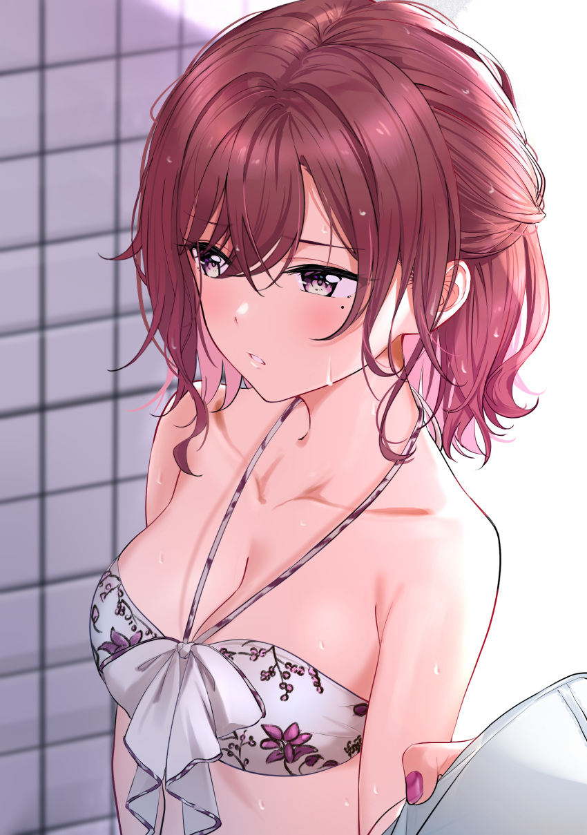 1girl absurdres bare_shoulders bikini blush breasts cleavage collarbone halterneck highres higuchi_madoka idolmaster idolmaster_shiny_colors mole mole_under_eye nail_polish nonbire red_eyes red_hair sleeve_tug solo_focus swimsuit tile_wall tiles