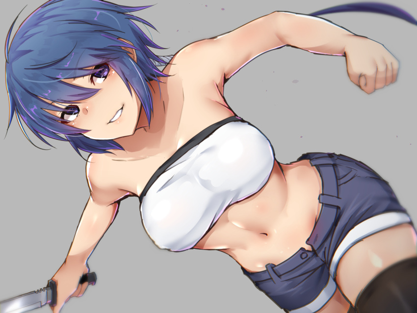 1girl amasaki_ryouko blue_eyes blue_hair blue_shorts breasts commentary_request cowboy_shot cracklecradle denim denim_shorts highres knife long_hair looking_at_viewer midriff navel open_fly ponytail short_shorts shorts smile solo strapless thighhighs tubetop white_tubetop yotaka_(d8spc4r3)