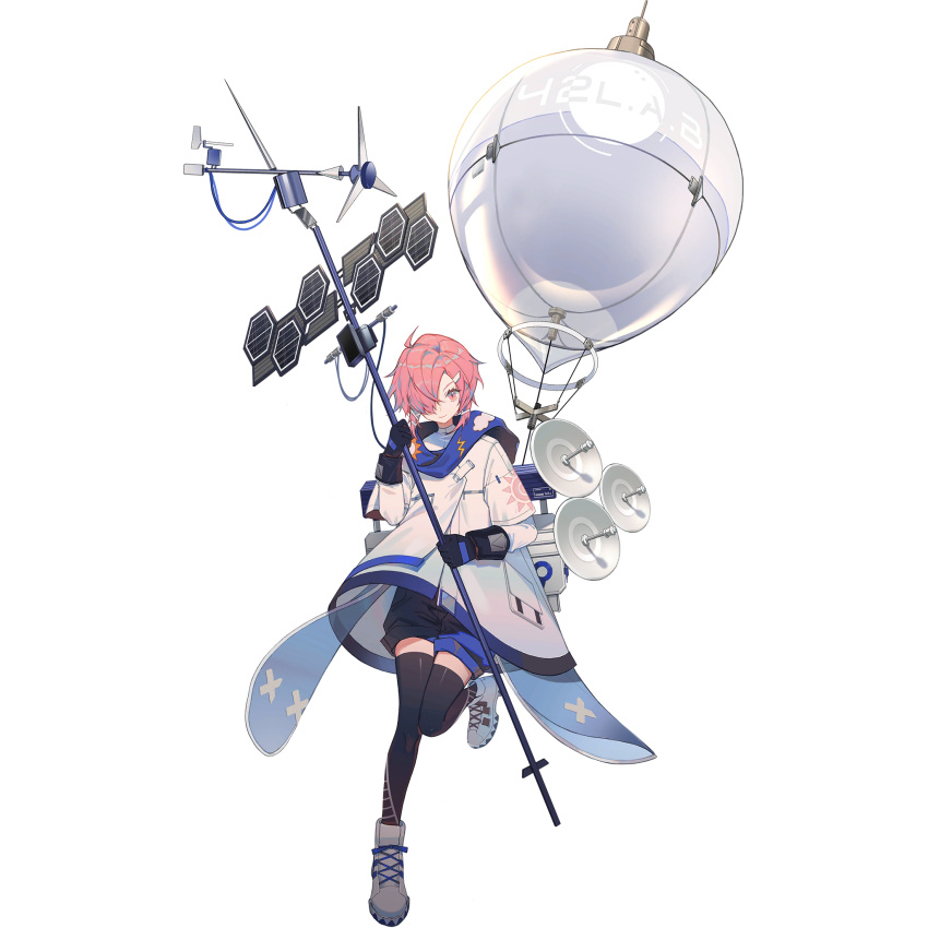 1girl balloon black_legwear blue_scarf blue_shorts cloud_print coat full_body girls'_frontline girls'_frontline_neural_cloud gloves hair_over_one_eye highres hood hood_down lightning_bolt_print long_sleeves looking_at_viewer mai_(girls'_frontline_nc) official_art pink_eyes pink_hair satellite_dish scarf shoes short_hair shorts sneakers solar_panel solo sun_print symbol-shaped_pupils thighhighs transparent_background weather_balloon weather_vane white_coat white_footwear