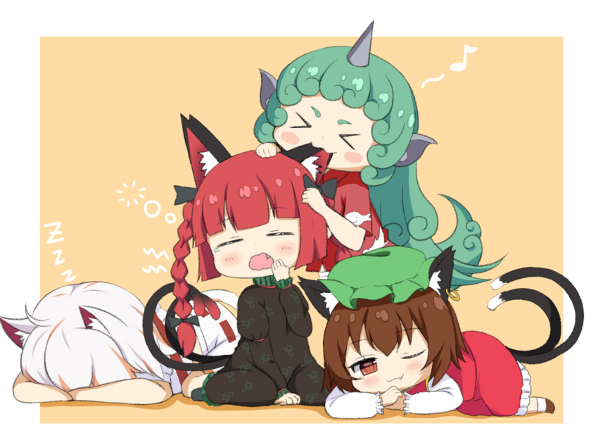 &gt;_&lt; 4girls :3 ahoge all_fours animal_ear_fluff animal_ears bangs beamed_eighth_notes black_bow black_dress blunt_bangs blush blush_stickers bow braid brown_hair cat_ears cat_tail chen chibi closed_eyes commentary_request crys_(dai) curly_hair dress earrings eyebrows_visible_through_hair fang fang_out goutokuji_mike green_hair green_headwear hair_bow hat horns jewelry kaenbyou_rin komano_aunn long_hair long_sleeves looking_at_viewer mob_cap multicolored_hair multiple_girls multiple_tails musical_note nekomata odd_one_out one_eye_closed open_mouth orange_background red_dress red_eyes red_hair red_shirt shirt short_hair short_sleeves silver_hair simple_background single_earring single_horn sitting sleeping smile streaked_hair tail touhou twin_braids twintails two_tails very_long_hair wariza wavy_mouth x3 yawning zzz