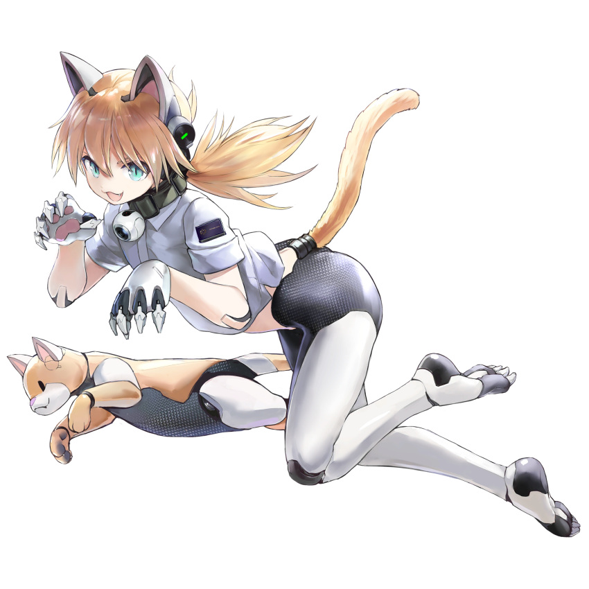 1girl :3 android animal_ears barefoot blonde_hair blue_eyes bottomless cat cat_ears cat_tail claws collar collared_shirt doll_joints fang feet full_body girls'_frontline girls'_frontline_neural_cloud highres idw_(girls'_frontline) joints looking_at_viewer mechanical_hands mechanical_legs official_art open_mouth paw_pose pawpads robot_animal robot_joints shirt sleeves_rolled_up smile soles solo tail transparent_background twintails white_shirt