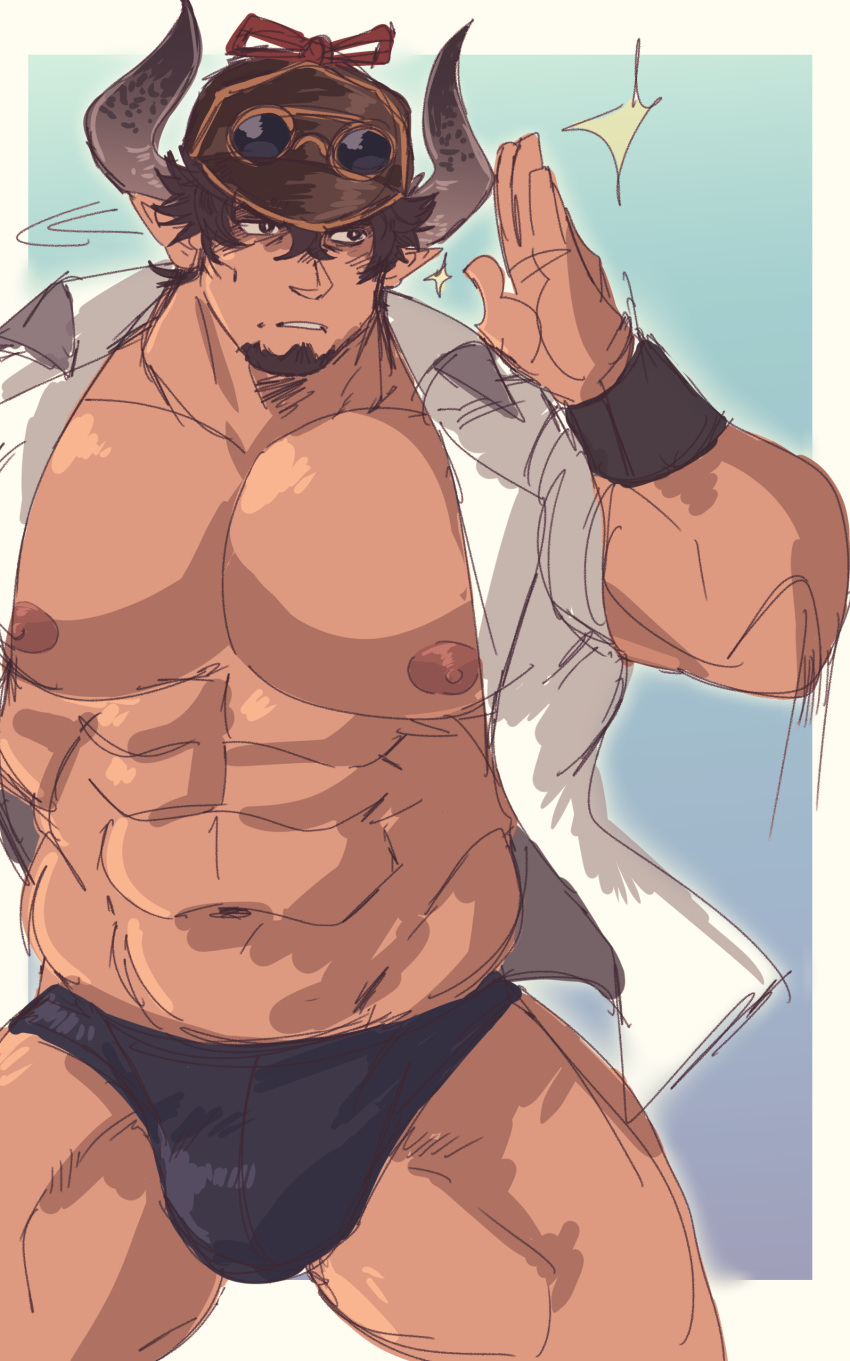 1boy abs absurdres alternate_costume bara barawa bare_pectorals black_male_swimwear blush brown_eyes brown_hair bulge commission draph facial_hair goatee granblue_fantasy hand_up highres horns juggermelon large_pectorals male_focus male_swimwear mature_male muscular muscular_male navel nipples open_clothes open_shirt pectorals pointy_ears shirt short_hair solo stomach swim_briefs thick_thighs thighs white_shirt