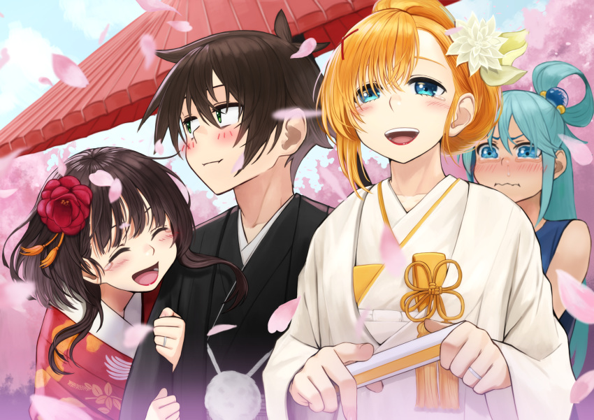 1boy 3girls :d :i alternate_breast_size aqua_(konosuba) arm_hug bangs bare_shoulders black_kimono blonde_hair blue_eyes blush cherry_blossoms closed_eyes closed_mouth collarbone commentary commission darkness_(konosuba) day flower flower_knot green_hair hair_flower hair_ornament hair_rings hand_fan hands_up haori happy highres holding holding_fan izawa_koushi japanese_clothes jewelry kimono kono_subarashii_sekai_ni_shukufuku_wo! long_hair looking_at_viewer megumin multiple_girls open_mouth outdoors petals red_flower red_kimono red_lips ring satou_kazuma shiny shiny_hair short_hair skeb_commission smile tearing_up umbrella white_flower white_kimono x_hair_ornament