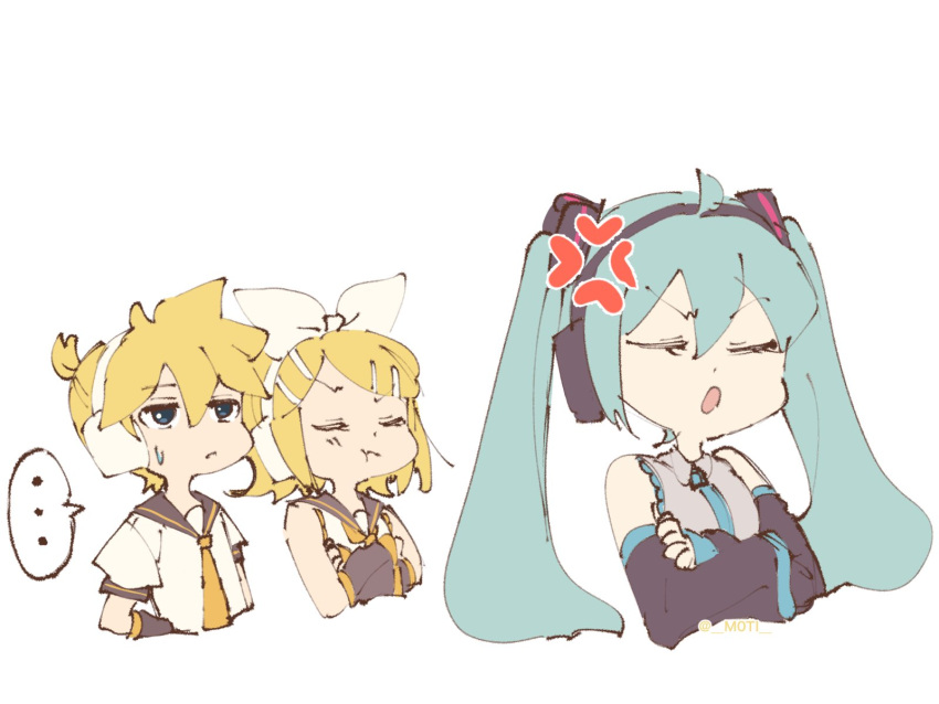 ... 1boy 2girls :t anger_vein angry aqua_hair aqua_neckwear bangs bare_shoulders black_sleeves blonde_hair blue_eyes chibi collar commentary cropped_torso crossed_arms detached_sleeves grey_collar grey_shirt grey_sleeves hair_ornament hairclip hatsune_miku headphones highres kagamine_len kagamine_rin long_hair m0ti multiple_girls necktie open_mouth pout shirt short_hair short_ponytail short_sleeves sketch sleeveless sleeveless_shirt speech_bubble spiked_hair spoken_ellipsis sweat swept_bangs twintails upper_body v-shaped_eyebrows vocaloid white_background white_shirt yellow_neckwear