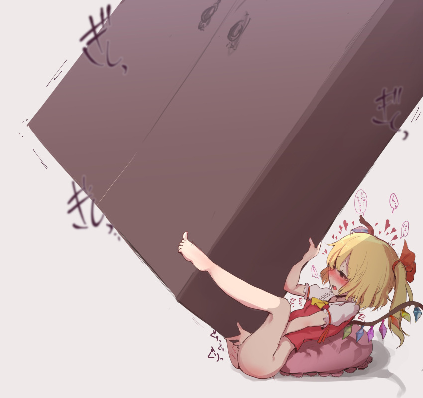 1girl absurdres blonde_hair blush check_commentary commentary commentary_request crotch_rub crystal flandre_scarlet furniture gomeifuku grey_background highres masturbation no_hat no_headwear puffy_short_sleeves puffy_sleeves short_hair short_sleeves side_ponytail simple_background solo speech_bubble table_sex touhou translation_request wardrobe wings you're_doing_it_wrong