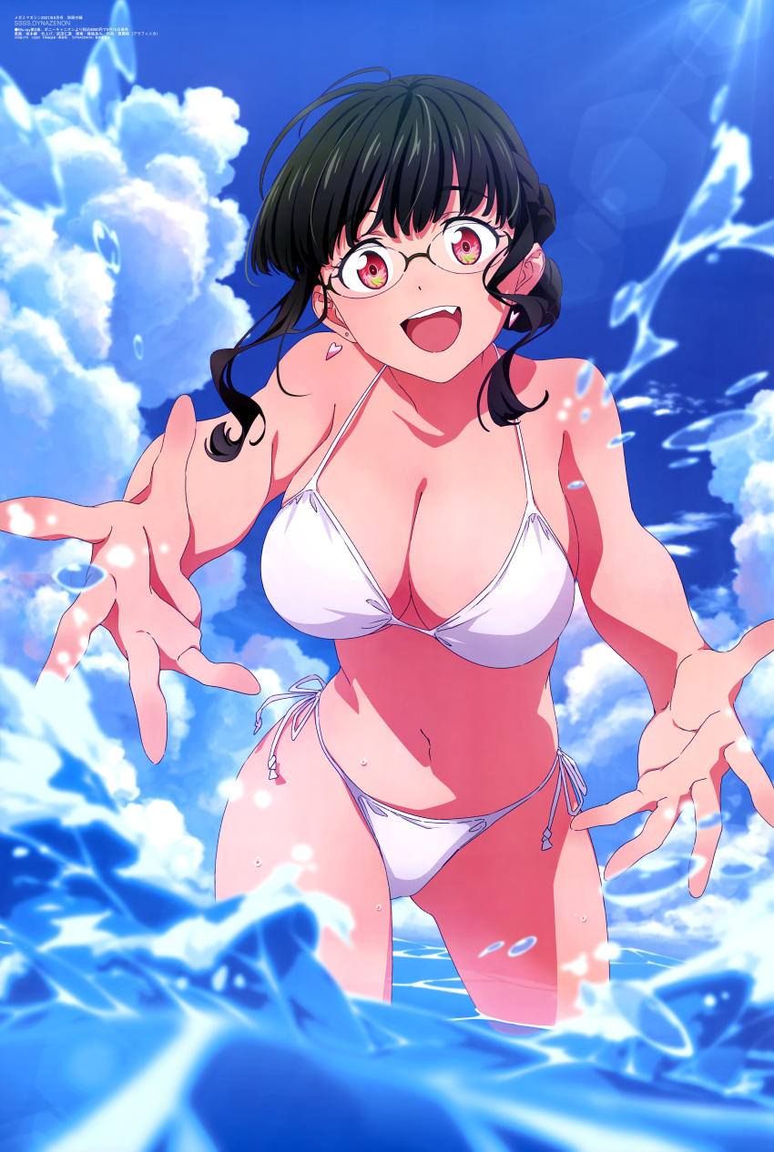 1girl :d absurdres anosillus_ii bangs barefoot bikini breasts cleavage cloud earrings eyebrows_visible_through_hair fang glasses green_hair gridman_universe heart heart_earrings highres jewelry large_breasts lens_flare looking_at_viewer magazine_scan megami_magazine navel official_art open_mouth red_eyes sakamoto_masaru scan side-tie_bikini sky smile solo ssss.dynazenon string_bikini sunlight swimsuit wading water white_bikini
