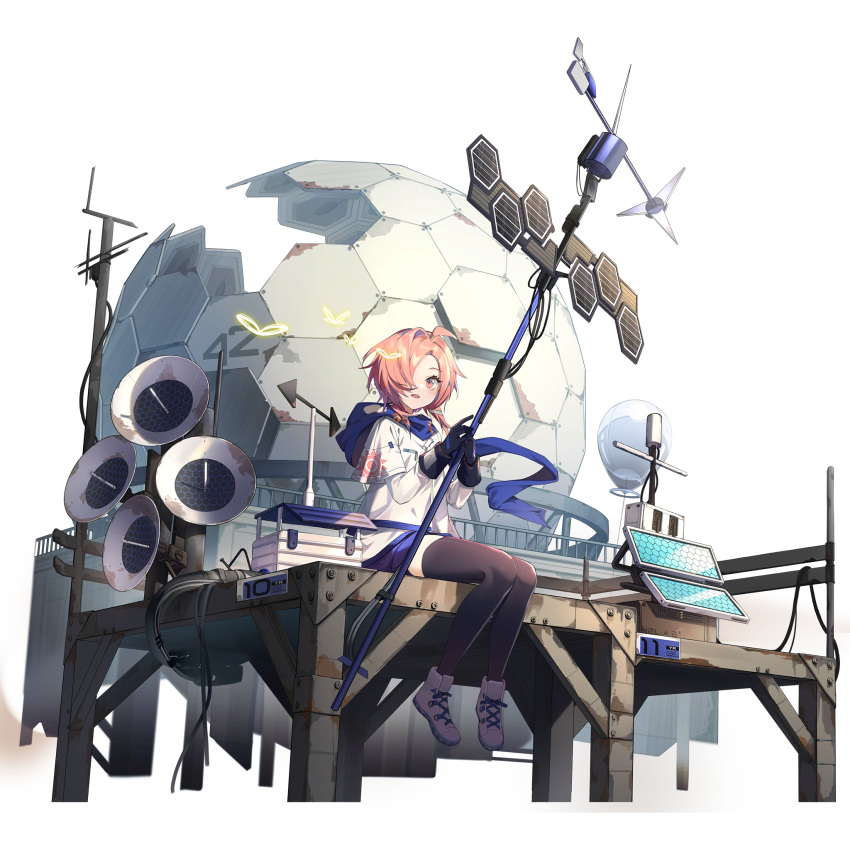 1girl ahoge black_legwear blue_scarf dome full_body girls'_frontline girls'_frontline_neural_cloud hair_over_one_eye highres hood hood_down mai_(girls'_frontline_nc) official_art open_mouth pink_eyes pink_hair satellite_dish scarf shoes short_hair shorts sitting sneakers solar_panel solo symbol-shaped_pupils thighhighs transparent_background weather_vane white_footwear