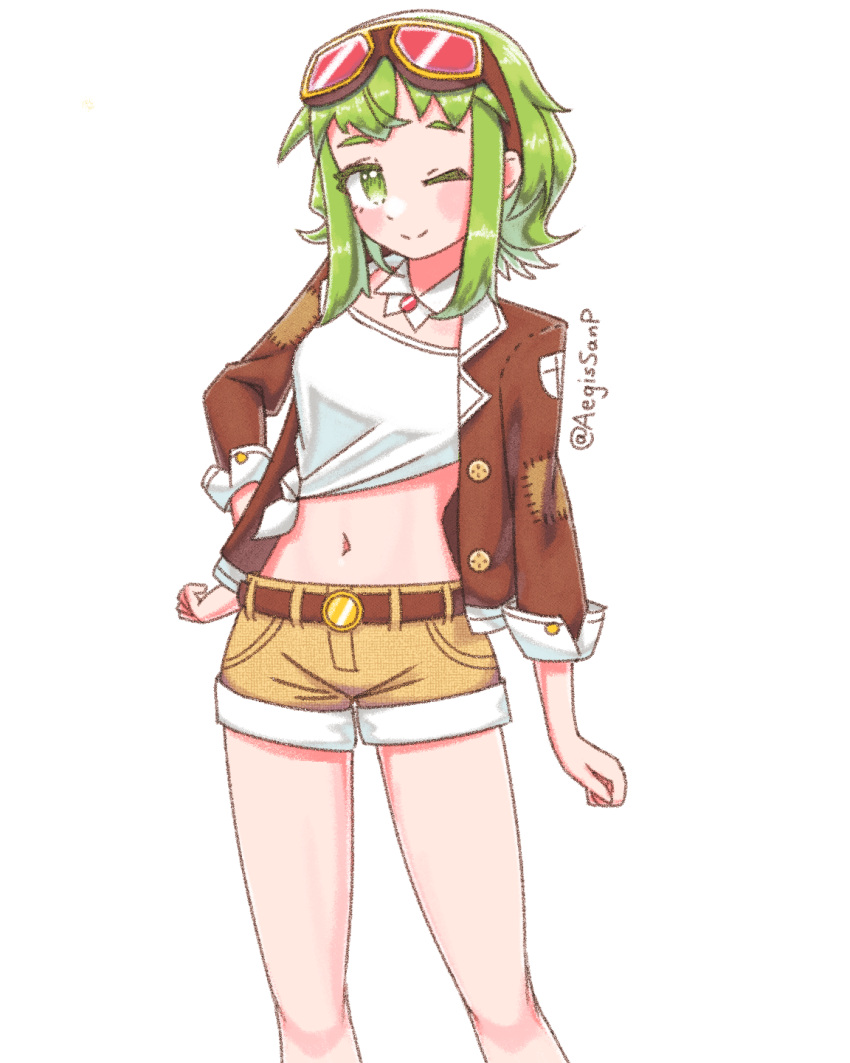 1girl aegissanp belt blush brown_jacket brown_shorts commentary contrapposto detached_collar english_commentary feet_out_of_frame goggles goggles_on_head green_eyes green_hair gumi hand_on_hip highres jacket looking_at_viewer one_eye_closed patches patchwork_clothes red_goggles shirt short_shorts shorts smile solo standing tied_shirt twitter_username vocaloid white_background white_shirt