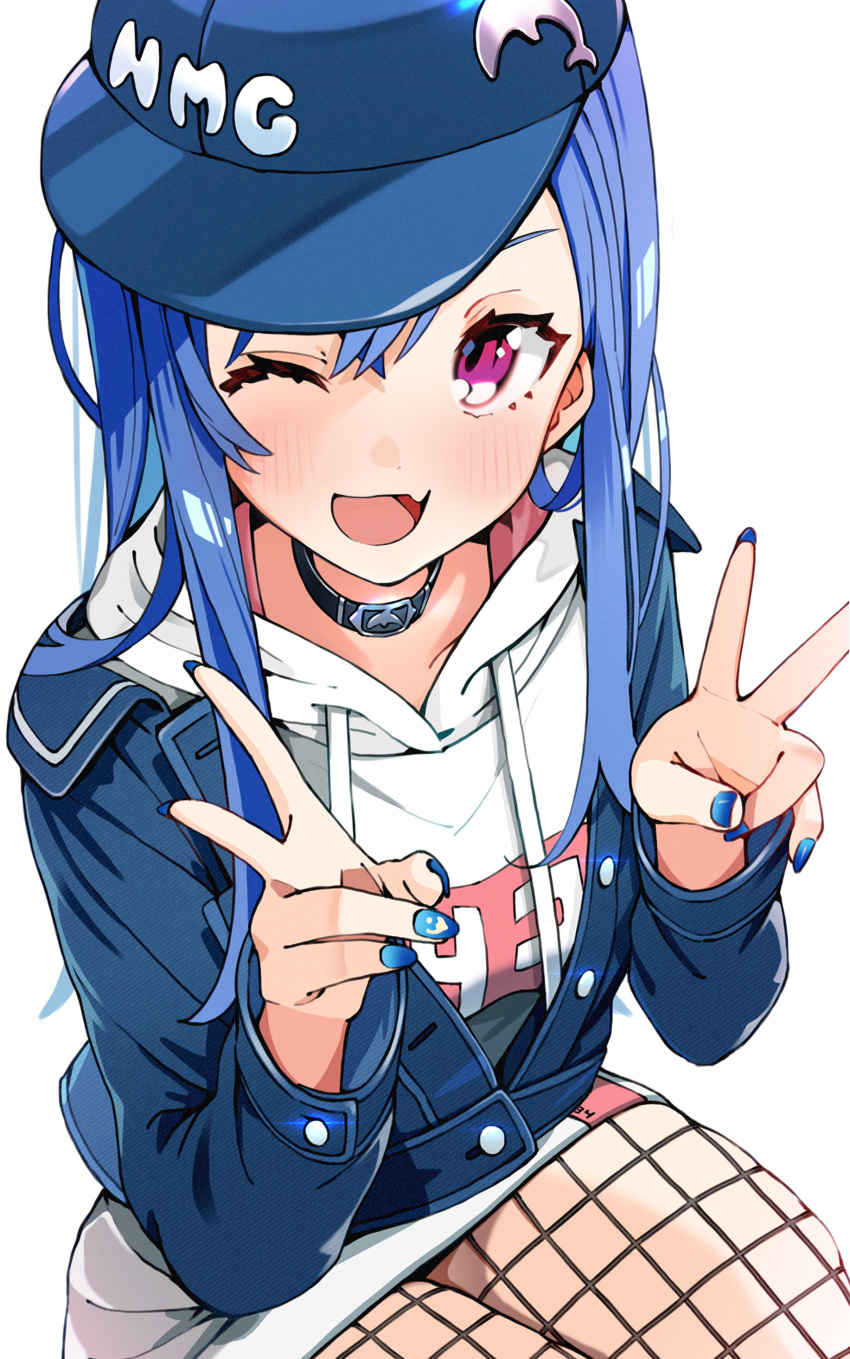 1girl ;d absurdres black_collar blue_hair blue_headwear blue_jacket blue_nails blush collar commentary double_v fang fingernails fishnet_legwear fishnets hat highres jacket long_hair long_sleeves looking_at_viewer nail_polish nijisanji nishizono_chigusa one_eye_closed open_mouth purple_eyes simple_background sitting skin_fang smile solo thighs v virtual_youtuber white_background yuki_kamakura