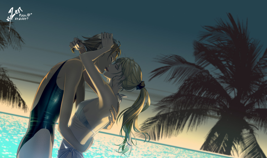 2girls blonde_hair brown_hair closed_eyes commentary competition_swimsuit ear_piercing hands_on_another's_back imminent_kiss long_hair multiple_girls one-piece_swimsuit original parted_lips piercing pixiv_id ponytail scrunchie short_hair sky swimsuit water yuri zxlai