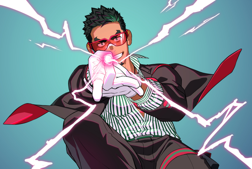 1boy bara black_hair black_jacket black_pants dark-skinned_male dark_skin energy_ball facial_hair fighting_stance goatee green_hair green_shirt incoming_attack itto_(mentaiko) jacket kyoichi_(live_a_hero) lightning_bolt_symbol live_a_hero looking_at_viewer male_focus multicolored_hair official_alternate_costume pants pectorals shirt short_hair smirk solo streaked_hair striped striped_shirt toned toned_male two-tone_hair