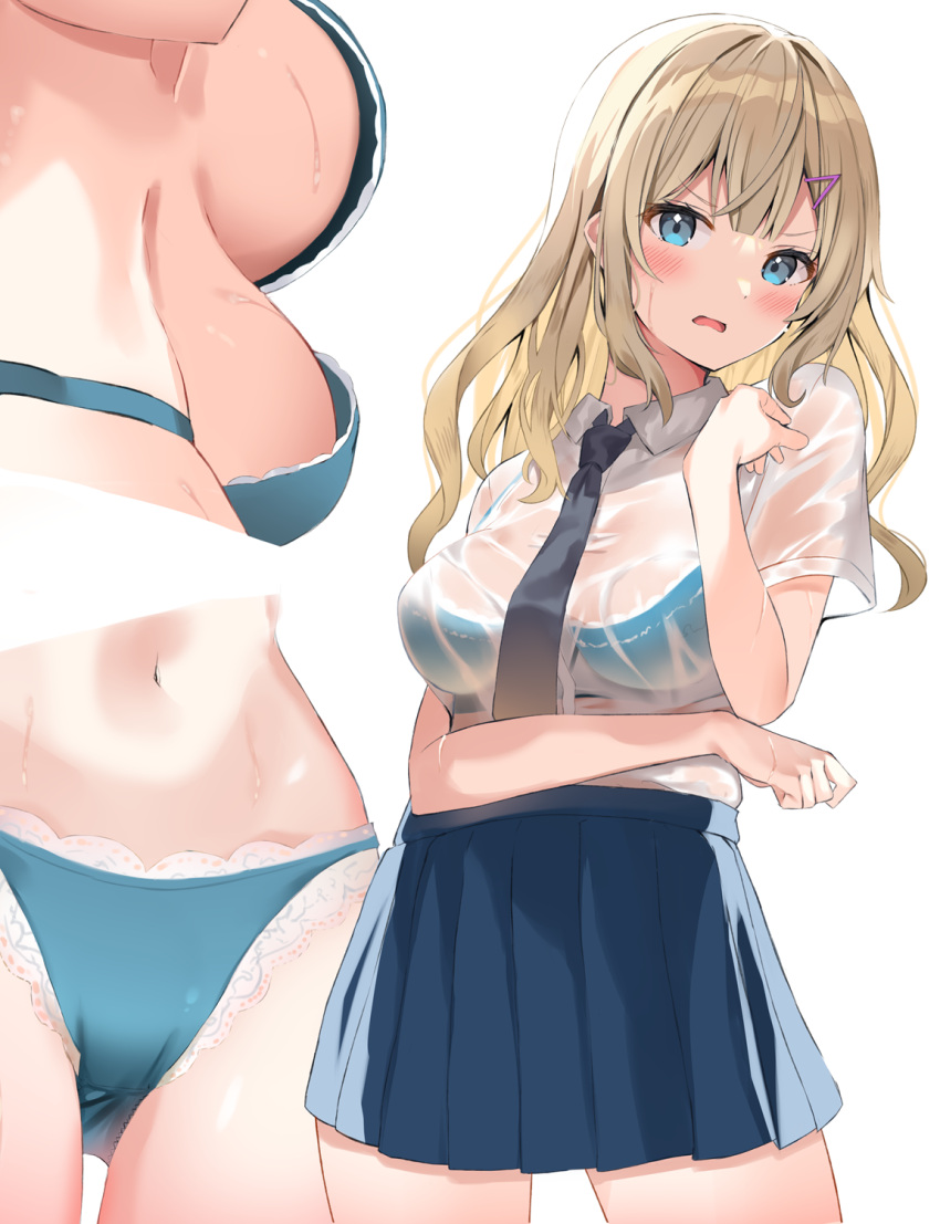 1girl bangs bare_shoulders black_neckwear black_skirt blonde_hair blue_bra blue_eyes blue_panties blush bra breasts collarbone collared_shirt commentary_request eyebrows_visible_through_hair hair_ornament hairclip highres long_hair medium_breasts mizuki_ryuu multiple_views navel necktie open_mouth original panties pleated_skirt see-through shirt simple_background skirt underwear v-shaped_eyebrows wavy_mouth wet wet_clothes wet_shirt white_background white_shirt