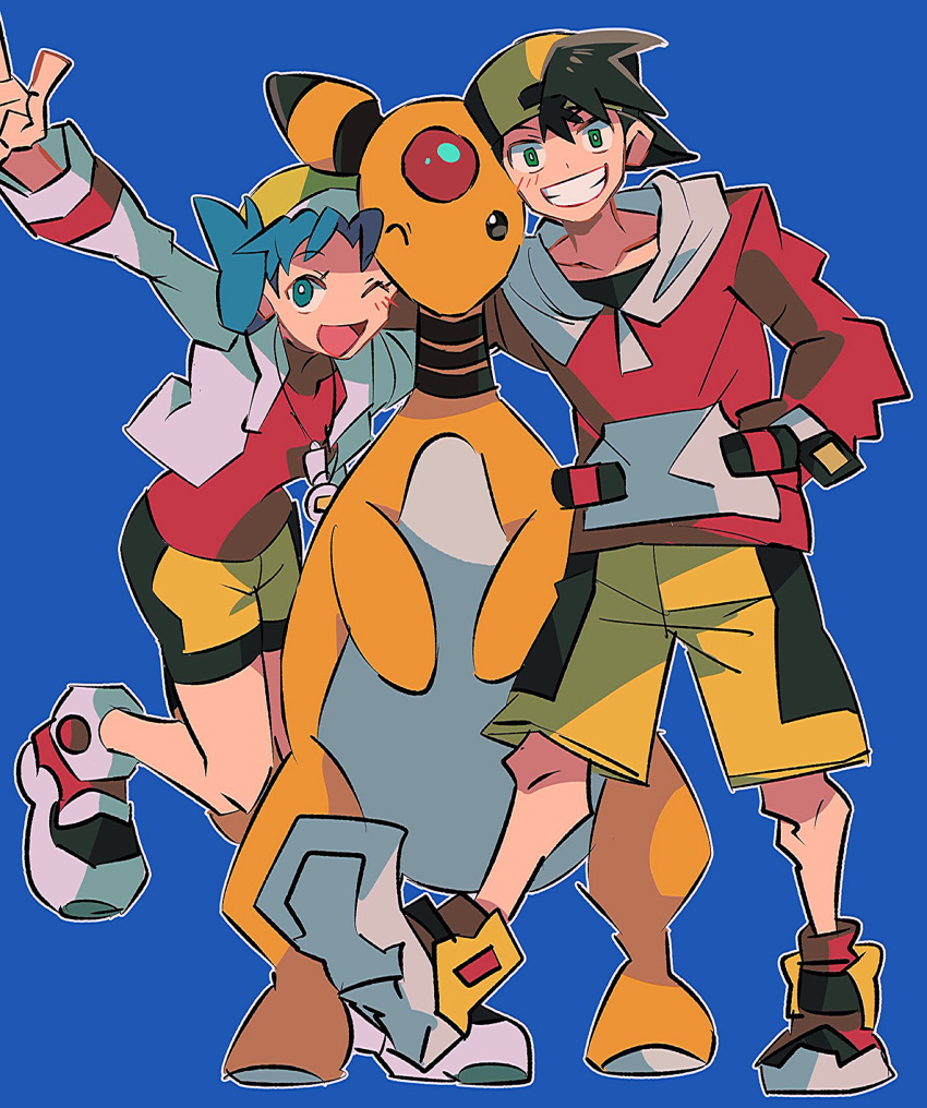 1boy 1girl :d absurdres ampharos arm_up backwards_hat bike_shorts black_hair blush cropped_jacket ethan_(pokemon) gen_2_pokemon green_eyes green_hair grin hat highres hood hoodie jacket kris_(pokemon) leg_up one_eye_closed open_mouth pokegear pokemon pokemon_(creature) pokemon_(game) pokemon_gsc pose red_hoodie short_twintails smile twintails white_jacket yellow_headwear yellow_legwear zianazu