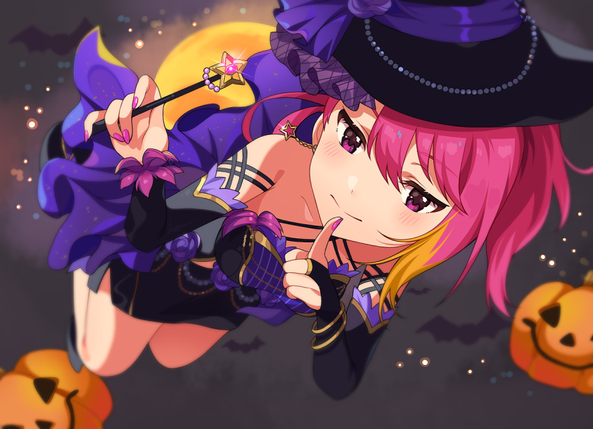 1girl black_skirt blush closed_mouth earrings fingernails hand_up hat holding holding_wand idolmaster idolmaster_million_live! idolmaster_million_live!_theater_days inuyama_nanami jack-o'-lantern jewelry long_sleeves looking_at_viewer maihama_ayumu miniskirt nail_polish pencil_skirt pink_nails skirt smile solo wand