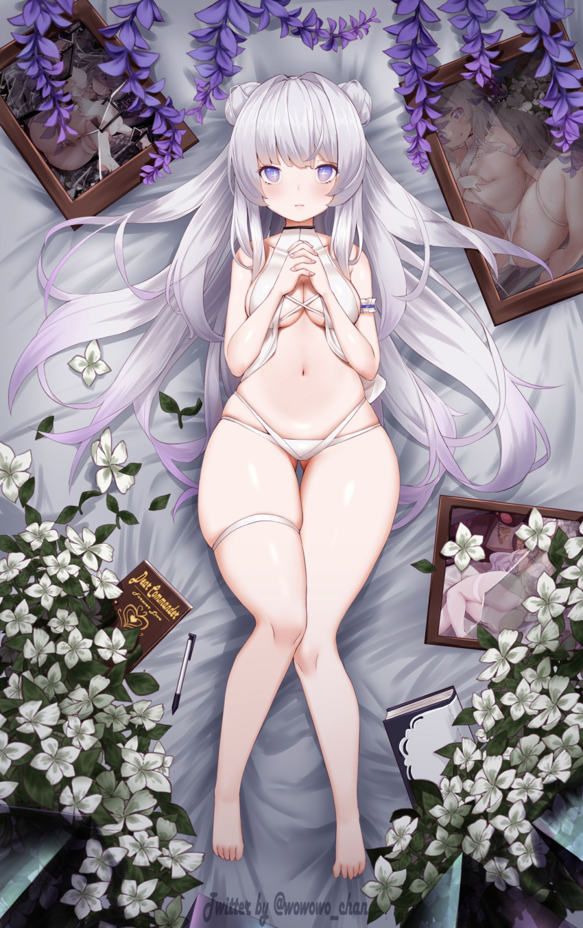 +_+ 1girl absurdres alternate_breast_size arm_garter ass_visible_through_thighs azur_lane bare_shoulders barefoot bikini blue_eyes breasts cleavage closed_mouth collarbone commentary double_bun expressionless flower full_body gradient_hair halter_top halterneck hands_over_breasts hands_together highres interlocked_fingers le_malin_(azur_lane) le_malin_(wednesday's_retreat)_(azur_lane) light_purple_hair lilac long_hair looking_at_viewer lying medium_breasts multicolored_hair navel official_alternate_costume on_back on_bed picture_(object) picture_frame plump silver_hair skindentation solo stomach swimsuit thigh_gap thigh_strap thighs twitter_username very_long_hair white_bikini white_swimsuit wowowo-chan