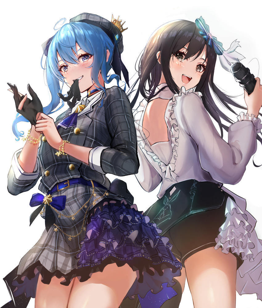 2girls absurdres ahoge ass back-to-back belt black_gloves black_hair blue_eyes blue_hair blush bracelet crossover crown dress frills glove_in_mouth gloves grey_eyes hair_ornament hanabasami_kyou highres holding holding_microphone hololive hoshimachi_suisei idol jewelry long_hair microphone mini_crown mouth_hold mugiusagi multiple_girls open_mouth partially_fingerless_gloves plaid plaid_dress putting_on_gloves re:act shirt shorts side_ponytail smile star_(symbol) star_in_eye symbol_in_eye virtual_youtuber white_shirt