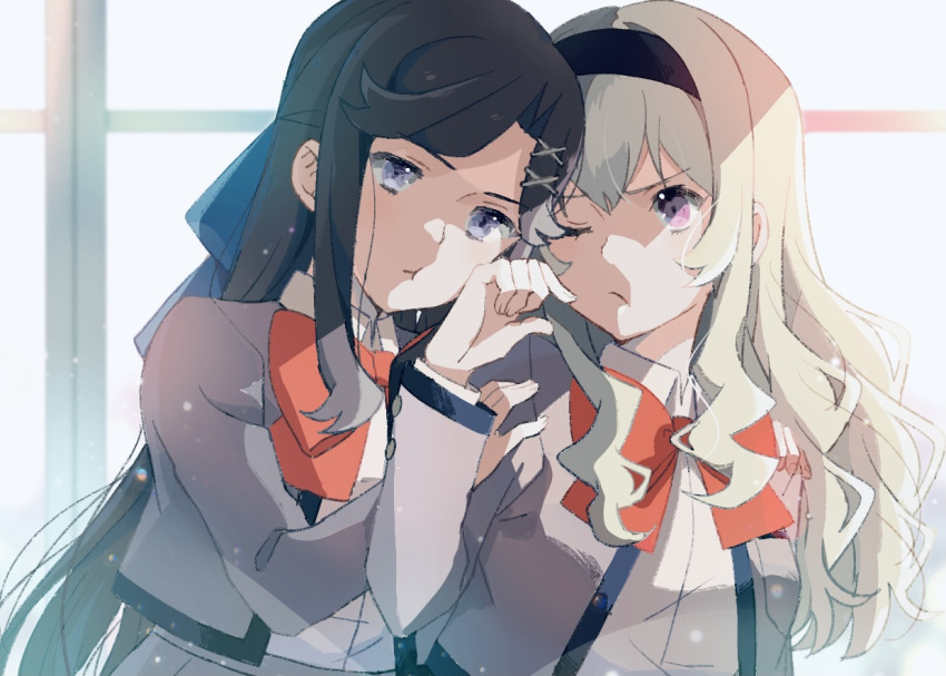2girls :t annoyed bangs black_hairband blonde_hair blue_bow bow bowtie brown_hair collared_shirt commentary_request frown grey_jacket hair_bow hair_ornament hairband hand_on_another's_shoulder head_to_head jacket light_particles long_hair long_sleeves looking_at_another multiple_girls nijiko_(c2cs4q) one_eye_closed pink_eyes purple_eyes red_neckwear saijou_claudine school_uniform seishou_music_academy_uniform shirt shirt_tucked_in shoujo_kageki_revue_starlight tendou_maya upper_body white_shirt x_hair_ornament yuri