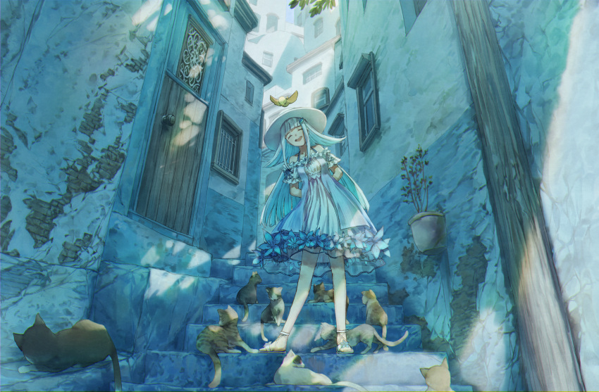 1girl alley bare_legs bird cat city door dress hat head_tilt highres huge_filesize leaning_to_the_side lize_helesta long_hair mochi_(m0chi0000) nijisanji open_mouth plant potted_plant sandals shade smile solo stairs standing stone_stairs straw_hat sun_hat sundress too_many too_many_cats upper_teeth virtual_youtuber white_dress white_hair window