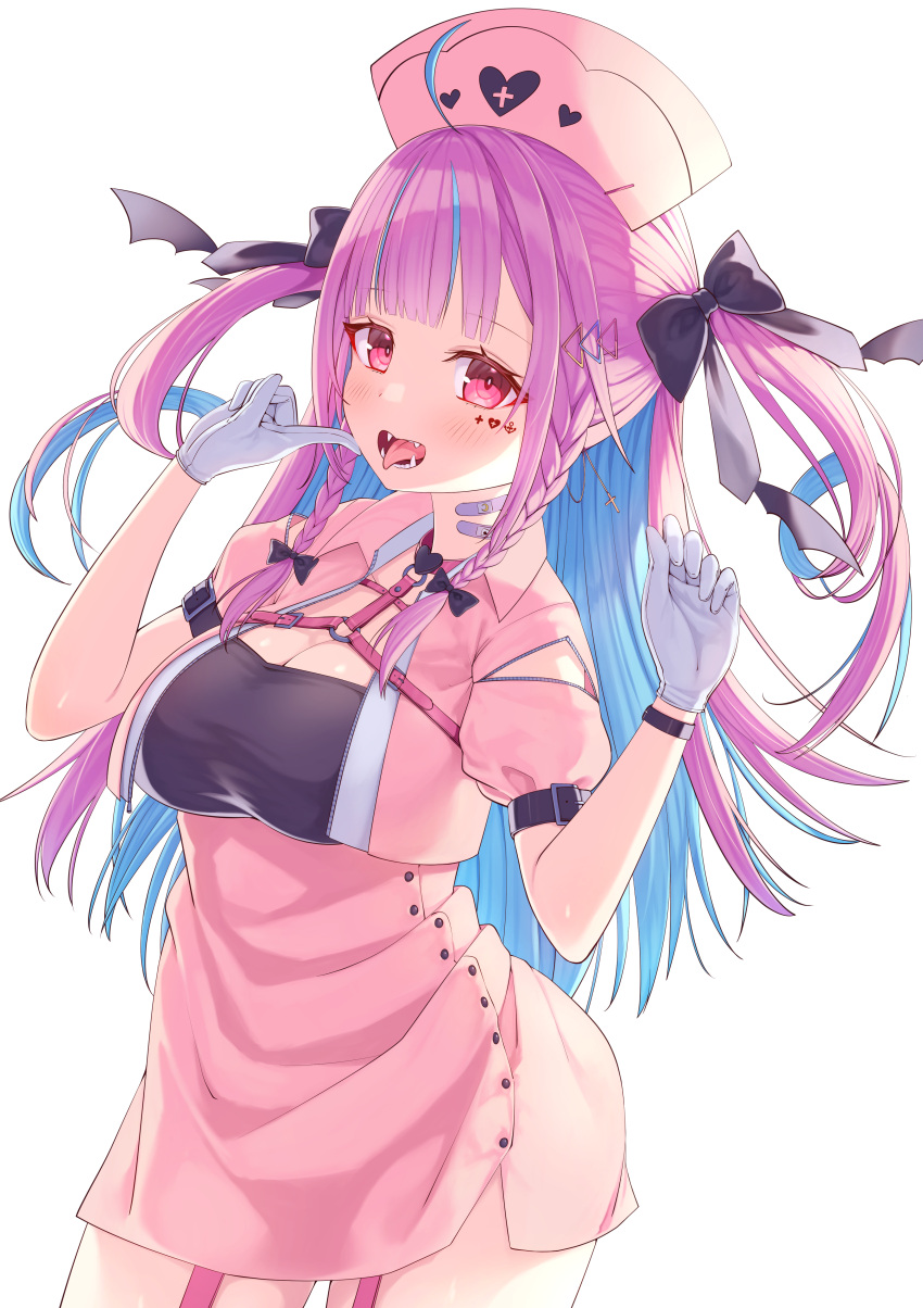 1girl absurdres ahoge bandaid bandaid_on_neck bangs blue_hair blunt_bangs blush breasts buttons colored_inner_hair contrapposto cowboy_shot cropped_shirt facial_mark fangs garter_straps gloves hair_ornament hair_ribbon hairclip high-waist_skirt highres hololive kage_(ka_9e_4su) large_breasts long_hair looking_at_viewer maid_headdress minato_aqua miniskirt multicolored_hair nurse pink_garter_straps pink_shirt puffy_short_sleeves puffy_sleeves purple_eyes purple_hair ribbon sharp_tongue shirt short_sleeves side_slit simple_background skirt solo streaked_hair tongue tongue_out triangle_hair_ornament two_side_up underbust virtual_youtuber w_arms white_background white_gloves