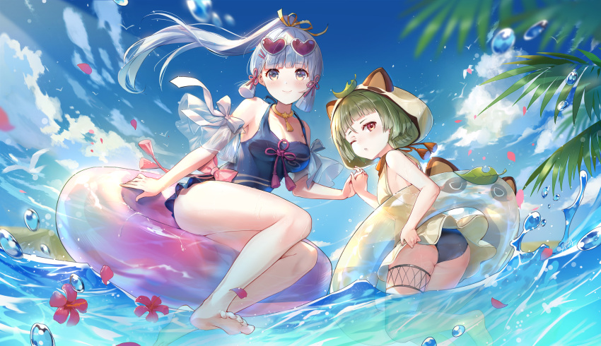 2girls animal_ears armlet ass bangs bare_legs bare_shoulders barefoot beach black_swimsuit blue_eyes blue_sky blue_swimsuit blunt_bangs blush breasts bubble choker cleavage closed_mouth cloud cloudy_sky collarbone commentary day elise_(piclic) english_commentary eyebrows eyebrows_visible_through_hair eyewear_on_head fake_animal_ears feet flower frilled_swimsuit frills from_side full_body genshin_impact green_hair green_swimsuit hair_ornament hairclip head_tilt heart heart-shaped_eyewear highres holding_hands hood hooded_swimsuit innertube kamisato_ayaka leaf looking_at_viewer medium_breasts multiple_girls ocean one_eye_closed palm_tree parted_lips partially_submerged petals ponytail raccoon_ears raccoon_hood red_eyes red_flower ribbon sayu_(genshin_impact) short_hair sideboob sitting sky small_breasts smile sunglasses swimsuit teeth thigh_strap thighs toes tree water white_hair white_ribbon yellow_choker