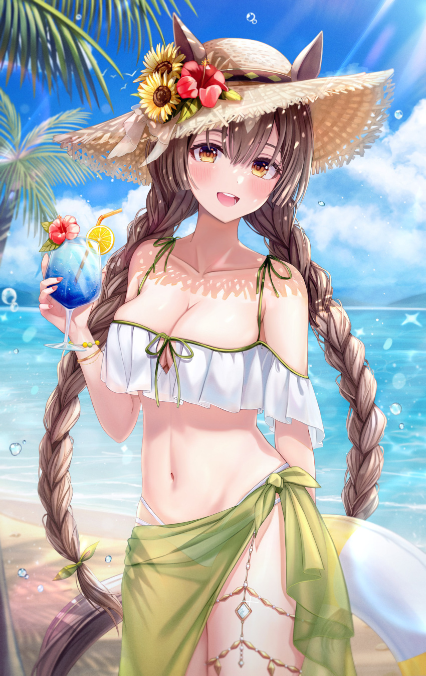 1girl :d absurdres animal_ears bare_shoulders bikini braid breasts brown_eyes brown_hair cleavage cleavage_cutout clothing_cutout collarbone commentary drinking_straw eyebrows_visible_through_hair flower food fruit funii hat hat_flower hibiscus highres holding horse_ears horse_girl horse_tail innertube large_breasts long_hair looking_at_viewer md5_mismatch navel off-shoulder_bikini off_shoulder open_mouth orange_(food) orange_slice outdoors palm_tree red_flower sarong satono_diamond_(umamusume) smile solo stomach sun_hat swimsuit symbol-only_commentary tail tree tropical_drink twin_braids umamusume very_long_hair white_bikini yellow_flower