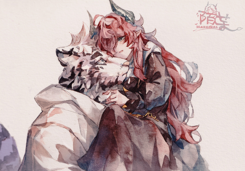 1boy 1girl absurdres ahoge arknights bangs black_dress blush carrying closed_mouth domma_(arknights) dress furry grey_eyes hetero highres horns long_hair mountain_(arknights) moyu_marginal parted_lips pointy_ears princess_carry red_hair tiger_boy