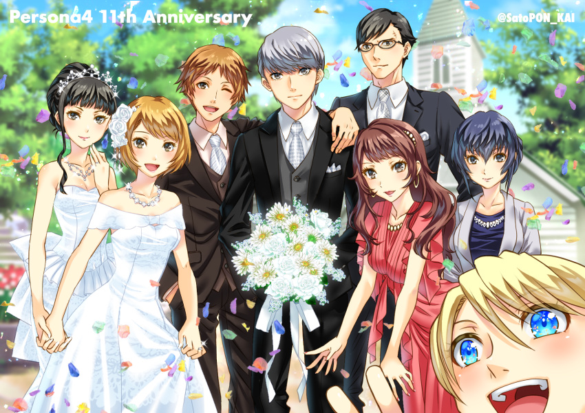 4boys 4girls amagi_yukiko anniversary arm_around_shoulder artist_name black_eyes black_hair blonde_hair blouse blue_eyes blue_hair blue_sky bouquet breasts bride brown_eyes brown_hair church cleavage collarbone confetti day dress flower formal glasses grey_eyes grey_hair groom group_picture hair_flower hair_ornament hanamura_yousuke highres holding_hands husband_and_husband interlocked_fingers jewelry kujikawa_rise kuma_(persona_4) light_blush light_brown_hair lipstick long_hair looking_at_viewer makeup medium_breasts multiple_boys multiple_girls nail_polish narukami_yuu necklace necktie open_mouth outdoors persona persona_4 persona_4_the_golden photobomb ring sato-pon satonaka_chie scar shirogane_naoto short_hair sky smile suit tatsumi_kanji tiara upper_teeth wedding_band wedding_dress wife_and_wife yaoi yuri