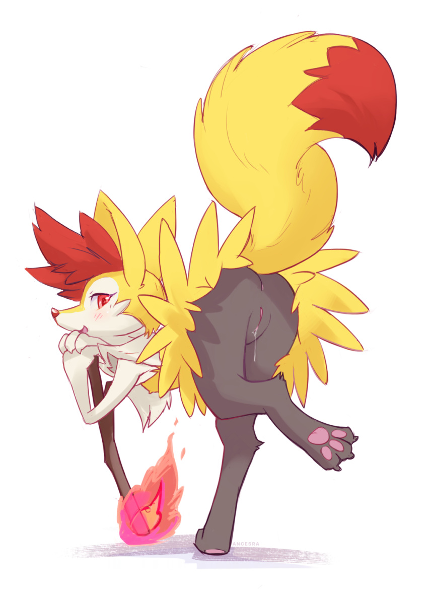 1girl ancesra animal_ear_fluff animal_ears animal_nose anus artist_name ass bent_over black_fur blush body_fur braixen claws commentary english_commentary feet fire flat_chest fox_ears fox_girl fox_tail from_behind full_body furry furry_female gen_6_pokemon hands_together happy highres leg_up looking_at_viewer looking_back nipples open_mouth pawpads paws pokemon pokemon_(creature) presenting purple_fire pussy pussy_juice red_eyes simple_background smile snout solo standing standing_on_one_leg stick tail tail_raised uncensored watermark white_background white_fur yellow_fur