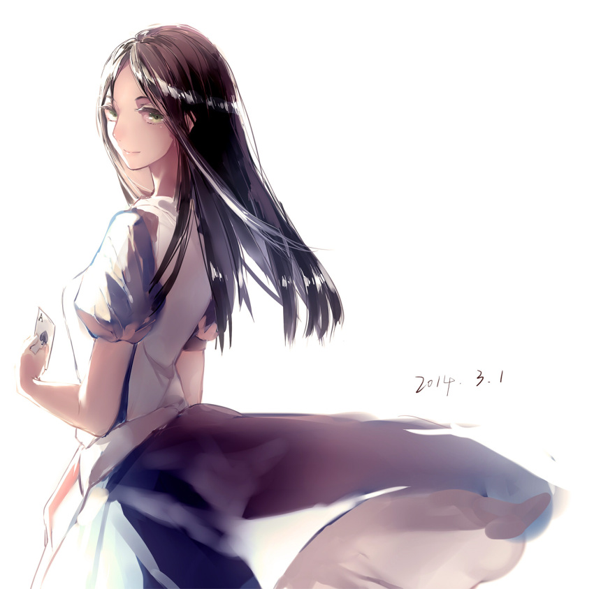 1girl alice:_madness_returns alice_(alice_in_wonderland) american_mcgee's_alice black_hair card closed_mouth commentary dress green_eyes highres holding hug_(yourhug) long_hair looking_at_viewer puffy_sleeves short_sleeves simple_background smile solo white_background