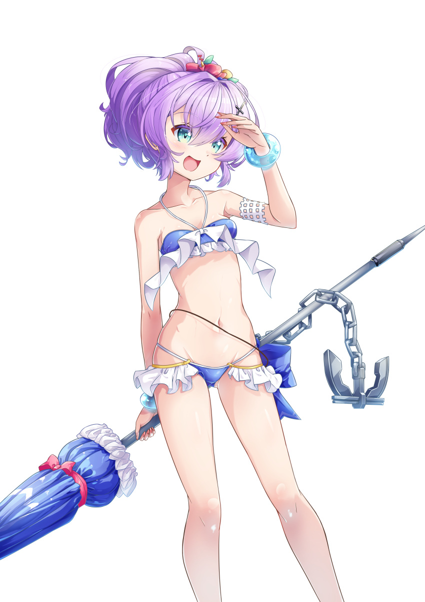 1girl :d absurdres anchor aqua_eyes azur_lane bangs bare_shoulders bracelet breasts chain cleavage collarbone commentary_request eyebrows_visible_through_hair groin hair_between_eyes hair_ornament hairpin highres holding holding_umbrella javelin_(azur_lane) javelin_(beach_picnic!)_(azur_lane) jewelry leer.meer long_hair looking_away midriff navel official_alternate_costume open_mouth ponytail purple_hair salute sidelocks smile solo transparent_background umbrella
