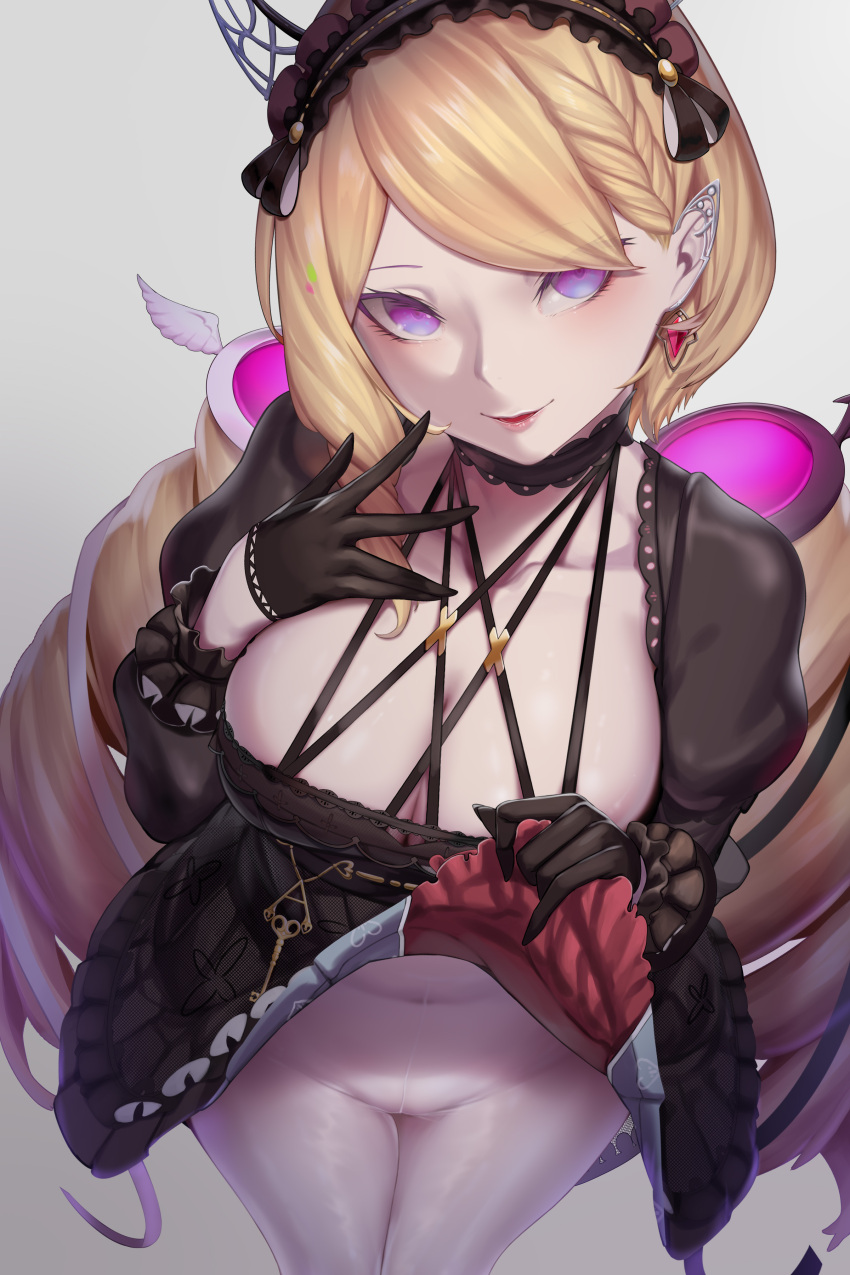 1girl absurdres aki_rosenthal black_gloves blonde_hair blush breasts cleavage clothes_lift dress dress_lift drill_hair ear_ornament earrings gloves hairband half_gloves highres hololive jewelry kumiko_shiba lifted_by_self lolita_hairband long_hair looking_at_viewer navel pantyhose pointy_ears purple_eyes smile solo twin_drills very_long_hair virtual_youtuber white_legwear