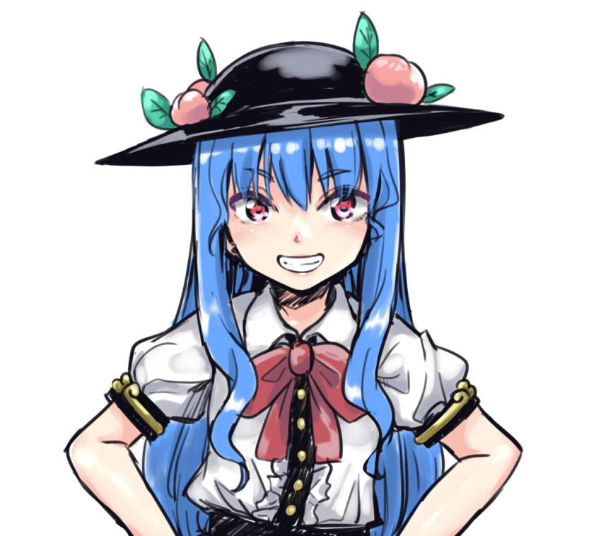 1girl bangs black_headwear blue_hair bow center_frills collared_shirt commentary_request eyebrows_visible_through_hair frills grin hair_between_eyes hat hinanawi_tenshi long_hair looking_at_viewer nibi puffy_short_sleeves puffy_sleeves red_bow red_eyes shirt short_sleeves simple_background smile solo touhou upper_body very_long_hair white_background white_shirt