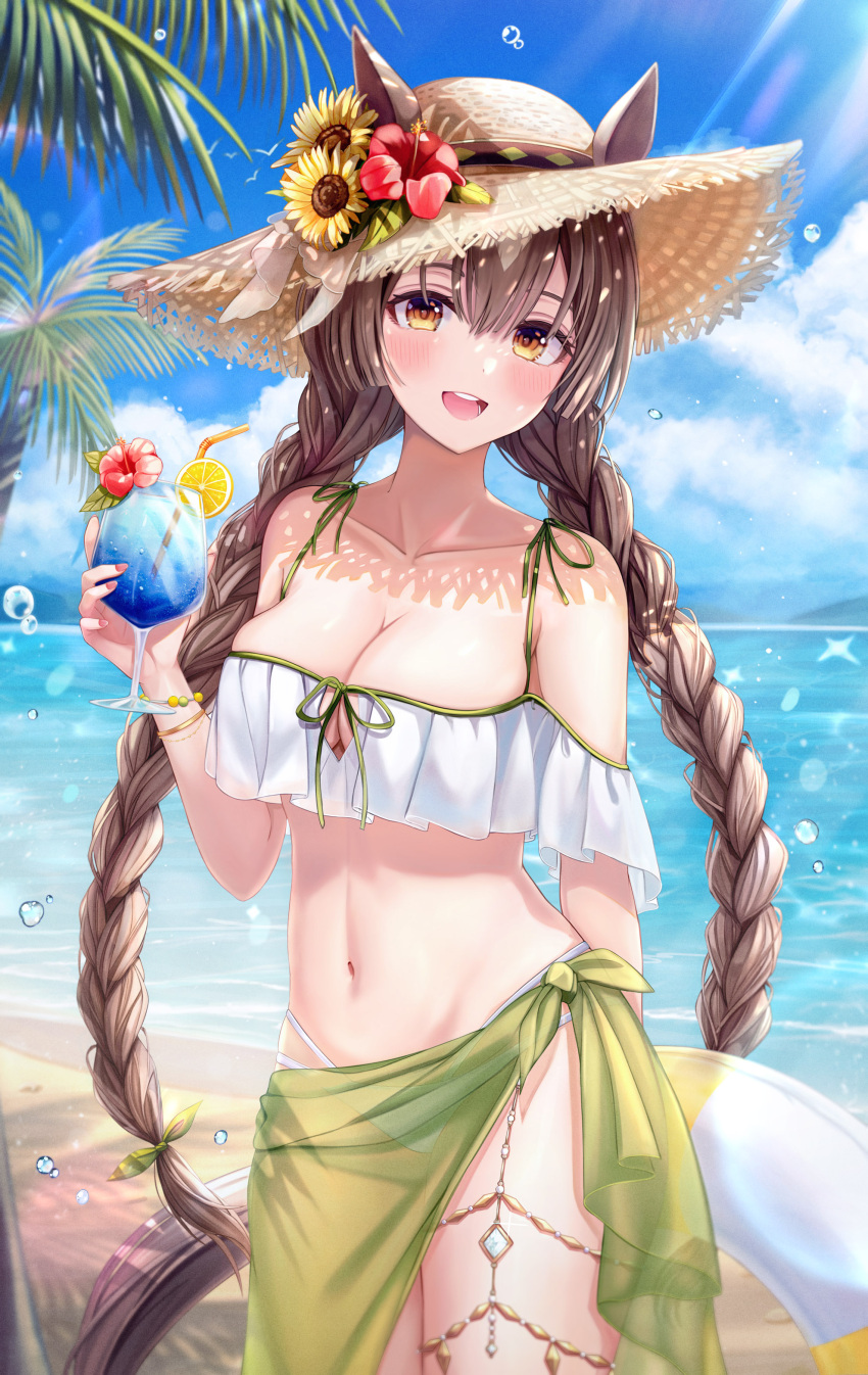 1girl :d absurdres animal_ears bare_shoulders bikini braid breasts brown_eyes brown_hair cleavage cleavage_cutout clothing_cutout collarbone commentary drinking_straw eyebrows_visible_through_hair flower food fruit funii hat hat_flower hibiscus highres holding horse_ears horse_girl horse_tail innertube large_breasts long_hair looking_at_viewer md5_mismatch navel off-shoulder_bikini off_shoulder open_mouth orange_(food) orange_slice outdoors palm_tree red_flower sarong satono_diamond_(umamusume) smile solo stomach sun_hat swimsuit symbol-only_commentary tail tree tropical_drink twin_braids umamusume very_long_hair white_bikini yellow_flower