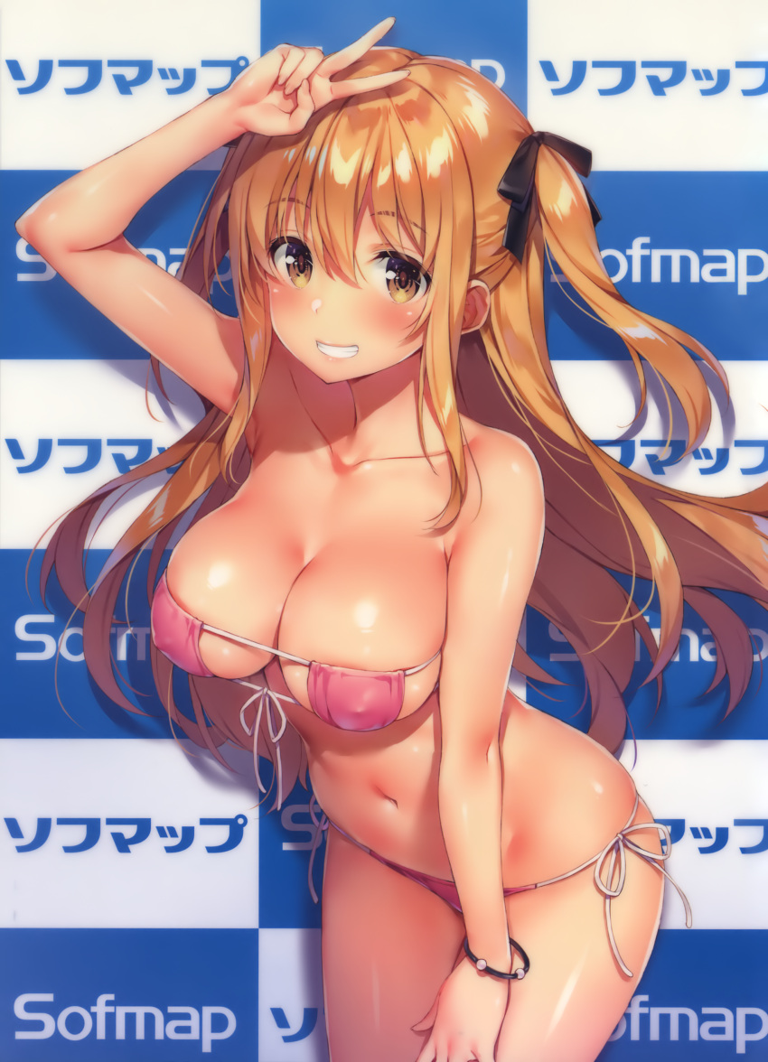 1girl absurdres arm_up armpits bangs bare_arms bare_shoulders bikini blush bow bowtie breasts brown_eyes brown_hair checkered checkered_background cleavage collarbone covered_nipples eyepatch_bikini fingernails front-tie_bikini front-tie_top grin hair_bow highres large_breasts leaning_forward long_hair looking_at_viewer navel original parted_lips pink_bikini shadow shiny shiny_clothes shiny_hair shiny_skin side-tie_bikini sidelocks smile sofmap sofmap_background solo step_and_repeat stomach swimsuit teeth two_side_up v yuuki_hagure