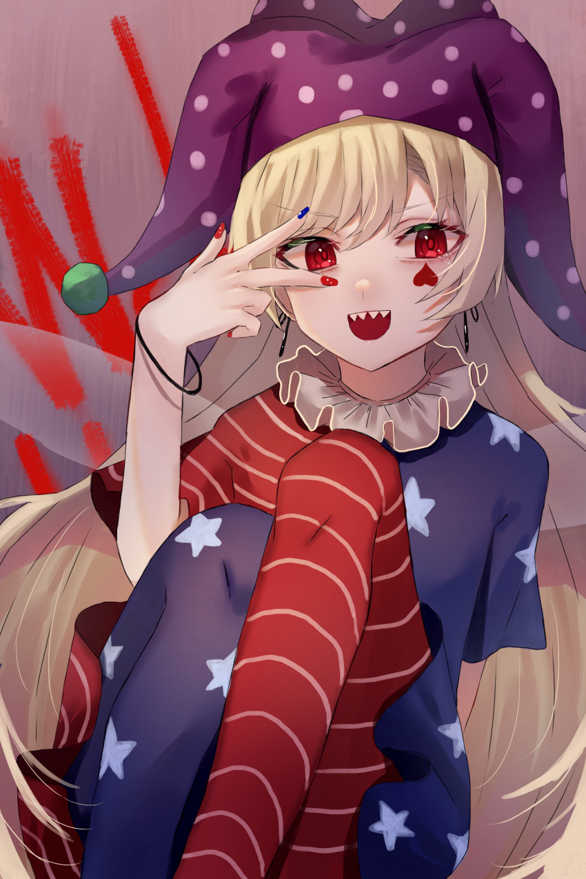1girl :d absurdres american_flag_dress bangs blue_nails bracelet breasts clownpiece commentary_request earrings eyebrows_visible_through_hair facial_mark fairy_wings feet_out_of_frame hair_between_eyes hand_up hat heart highres jester_cap jewelry katsukare knees_up long_hair looking_at_viewer multicolored multicolored_nails nail_polish neck_ruff open_mouth pantyhose polka_dot purple_background purple_headwear red_eyes red_nails sharp_teeth short_sleeves simple_background sitting small_breasts smile solo spade_(shape) star_(symbol) star_print teeth touhou v-shaped_eyebrows v_over_eye very_long_hair wings