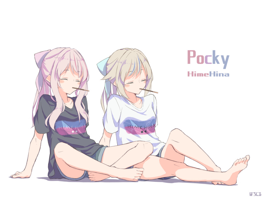 2girls alternate_costume alternate_hairstyle arm_support bare_legs barefoot baronilu blonde_hair blue_bow blush_stickers bow closed_eyes commentary_request denim denim_shorts english_text feet food hair_bow highres himehina_channel in_mouth indian_style multiple_girls pink_bow pink_hair pocky ponytail shirt short_shorts shorts sitting sketch suzuki_hina t-shirt tanaka_hime toes virtual_youtuber