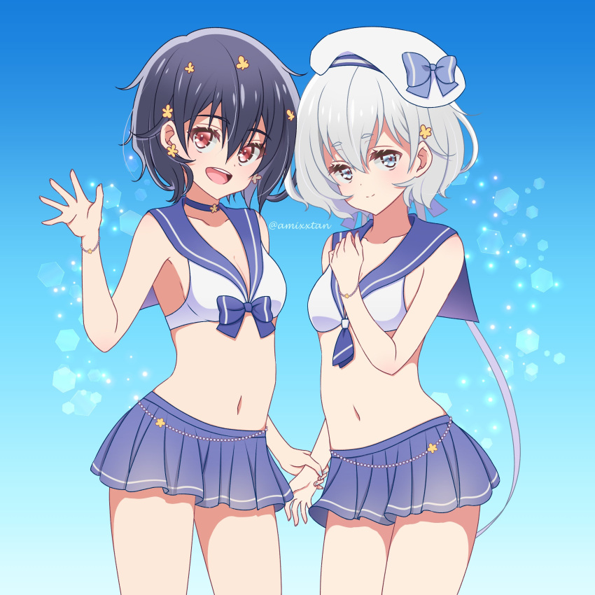 2girls absurdres amixxtan arm_grab bangs belly_chain beret bikini_skirt black_hair blue_background blue_bow blue_choker blue_eyes blue_neckwear blue_sailor_collar bow bowtie bracelet choker closed_mouth commentary eyebrows_visible_through_hair gradient gradient_background hat hat_bow highres idol jewelry konno_junko long_hair looking_at_viewer low_twintails mizuno_ai multiple_girls navel neckerchief open_mouth red_eyes sailor_bikini sailor_collar short_hair silver_hair single_horizontal_stripe smile sparkle standing twintails twitter_username waving white_headwear zombie_land_saga