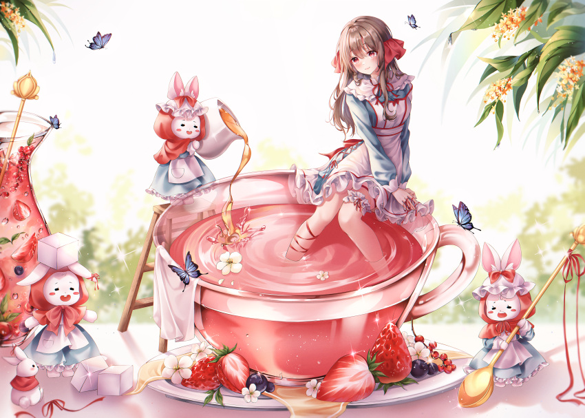 1girl absurdres animal_ears blueberry blush_stickers brown_hair bunny cup dress flower flower_in_drink food food_focus frilled_dress frills fruit highres holding holding_spoon honey huge_filesize in_container in_cup ladder long_hair original oversized_object pippin_sol pitcher plate pouring rabbit_ears red_eyes red_ribbon ribbon sitting spoon straight_hair strawberry stuffed_animal stuffed_bunny stuffed_toy sugar_cube tea teacup white_flower