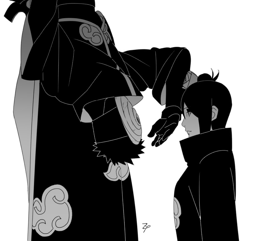 1boy 1girl akatsuki_(naruto) akatsuki_uniform arm_up black_coat closed_mouth coat eyeshadow flower gloves greyscale hair_flower hair_ornament high_collar highres konan_(naruto) labret_piercing looking_at_another makeup mask monochrome naruto_(series) naruto_shippuuden piercing profile short_hair standing tobi_(naruto) upside-down zifletts