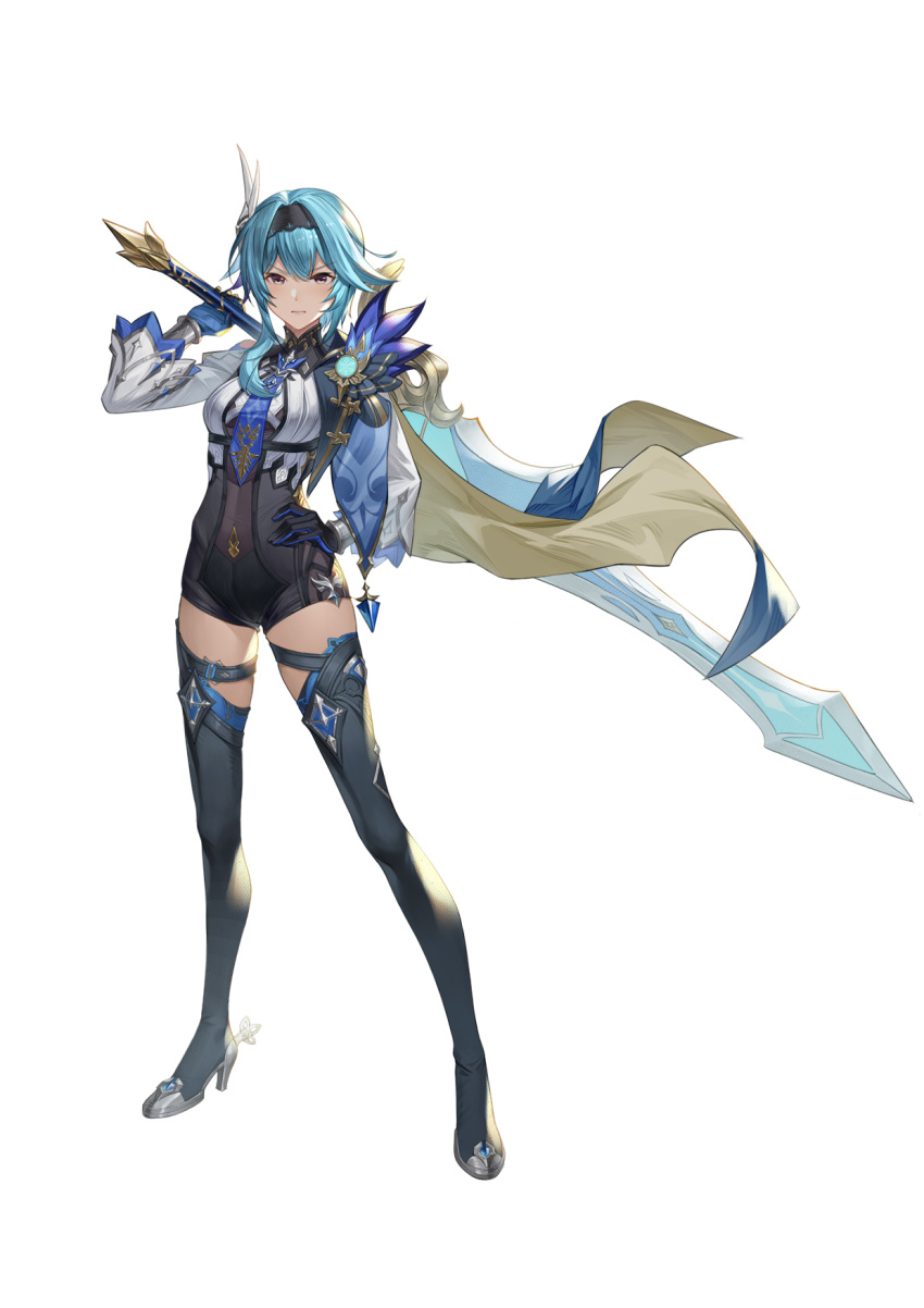 1girl backless_leotard black_hairband black_headband black_legwear black_leotard blue_hair blue_neckwear bodystocking boots breasts cape clothing_cutout eula_(genshin_impact) feather_hair_ornament feathers full_body genshin_impact gloves greatsword hair_ornament hairband hand_on_hip headband high-waist_shorts high_heel_boots high_heels highres leotard medium_breasts medium_hair multicolored multicolored_eyes necktie purple_eyes shoulder_cutout simple_background solo thigh_boots thigh_strap thighhighs thighs white_background yellow_eyes yin_lan_xue