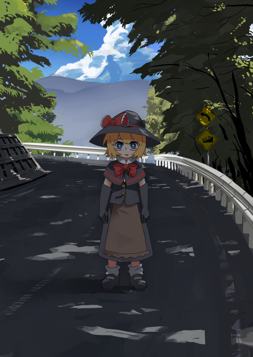 1girl arrow_(symbol) bangs black_capelet black_footwear black_gloves black_headwear black_skirt black_vest blonde_hair blue_eyes blush_stickers bow bowtie bright_pupils capelet commentary cookie_(touhou) day elbow_gloves full_body gloves hat hat_bow highres kirisame_marisa leftame long_skirt looking_at_viewer manatsu_no_yo_no_inmu meguru_(cookie) open_mouth outdoors railing red_bow red_neckwear road road_sign shirt shoes short_hair sign skirt socks solo standing touhou tree vest white_legwear white_pupils white_shirt witch_hat yajuu_senpai