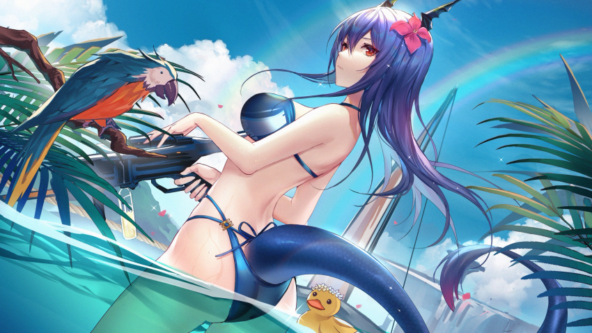 1girl arknights ass back bangs bare_arms bikini bird blue_bikini blue_hair blue_sky breasts ch'en_(arknights) ch'en_the_holungday_(arknights) closed_mouth cloud commentary cowboy_shot day dragon_girl dragon_horns dragon_tail floating_hair flower from_behind gun hair_between_eyes hair_flower hair_ornament halter_top halterneck highres holding holding_gun holding_weapon horns kernel_killer large_breasts long_hair looking_at_viewer macaw multi-strapped_bikini palm_leaf parrot pink_flower rainbow red_eyes revision rubber_duck sky solo standing swimsuit tail wading water weapon