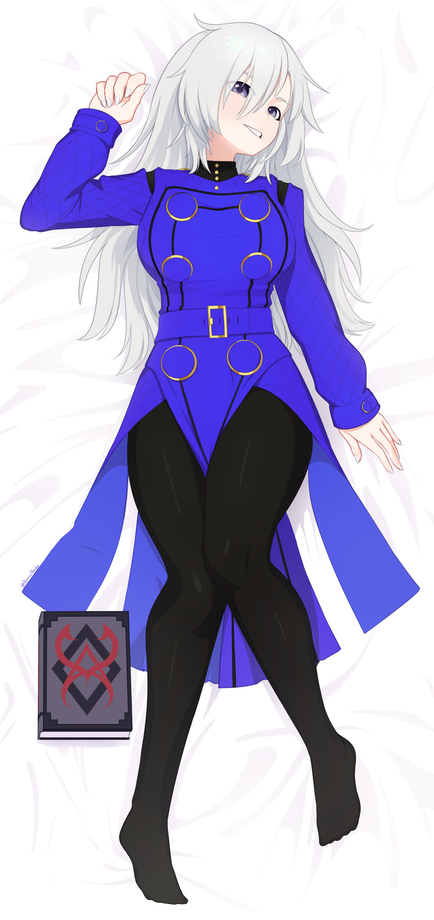 1girl absurdres black_legwear blue_dress book breasts buttons commission cosplay dakimakura_(medium) double-breasted dress fingernails full_body hair_between_eyes highres knees_together_feet_apart large_breasts long_hair long_sleeves looking_at_viewer lying margaret_(persona) margaret_(persona)_(cosplay) nail_polish on_back pantyhose persona persona_4 purple_eyes smile solo white_hair white_nails yoako