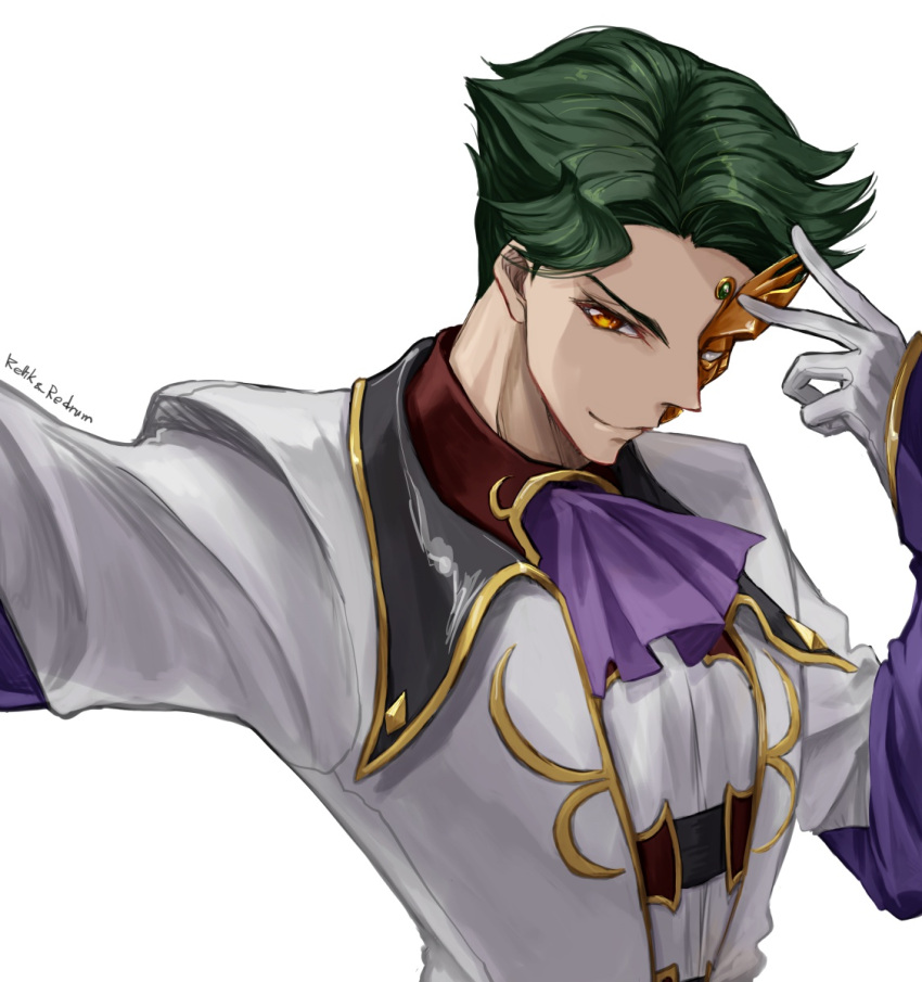 1boy ascot closed_mouth coat code_geass gloves green_hair highres jeremiah_gottwald jun_(rellik_&amp;_redrum) long_sleeves male_focus mask orange_eyes purple_ascot shiny shiny_hair short_hair simple_background solo uniform white_background white_coat white_gloves