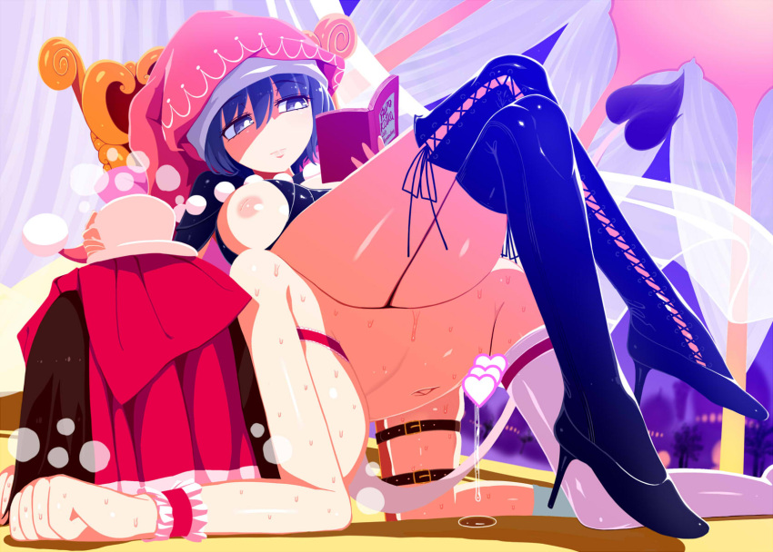 2girls all_fours bdsm belt blue_hair blue_legwear book bound bound_legs bow breasts breasts_outside bright_pupils brown_hair censored closed_mouth commission covered_face cross-laced_clothes cross-laced_legwear crossed_legs cup dominatrix doremy_sweet femdom futa_with_female futanari hair_bow hakurei_reimu hanging_breasts heart heart_censor high_heels highres holding holding_book holding_cup human_chair human_furniture implied_futanari large_breasts leaning_back medium_hair multiple_girls navel nipples nude pink_headwear precum precum_drip precum_pool purple_eyes reading red_bow sitting sitting_on_person skeb_commission skindentation sweat tail teacup thigh_strap thighhighs touhou white_pupils wristband yassy